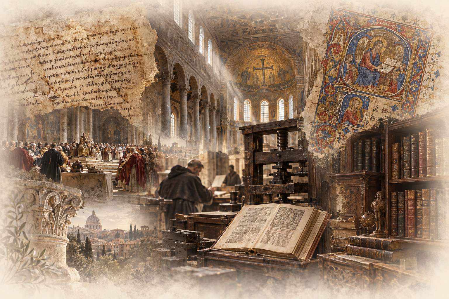 A softly faded collage of manuscripts, an ancient basilica, a church council, a printing press, theological books, and an old library